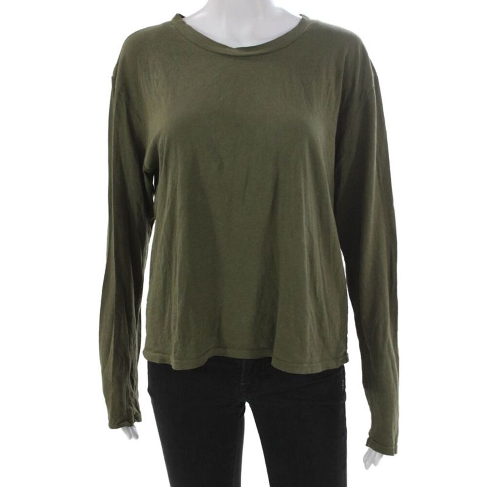 Perfect White Tee Women Long Sleeve T-Shirt Green Round Neck Cotton Size M